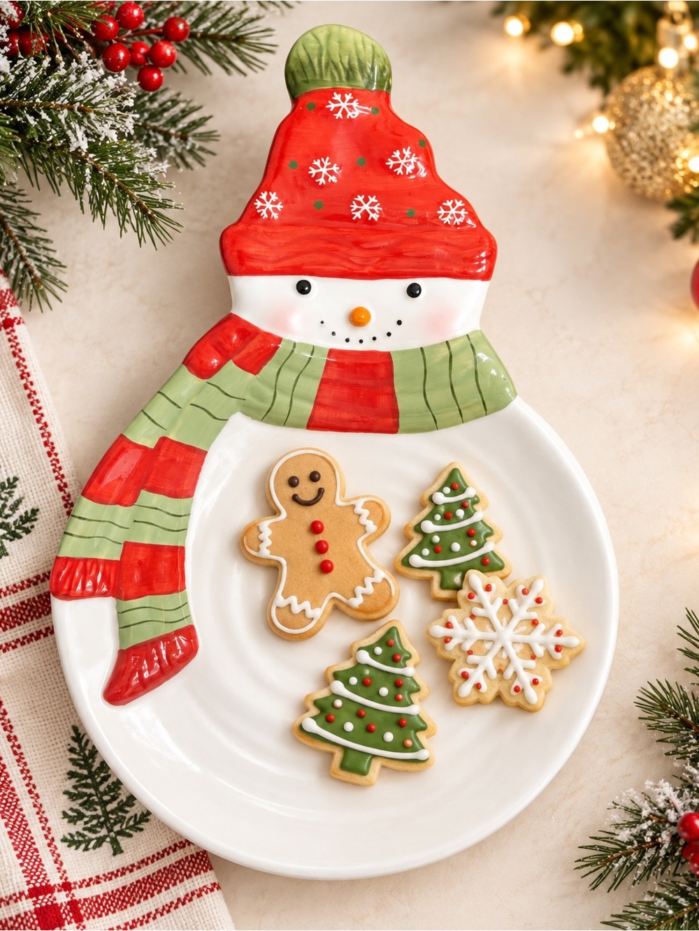 Hallmark Christmas Snowman Ceramic 10”L x 6.5” Serving Platter Red Green Dish